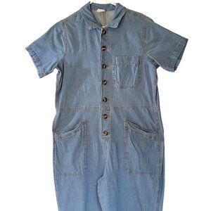 Denim Jumpsuit Juniors XL Button Front Elastic Cuffs No Boundaries Pockets Short